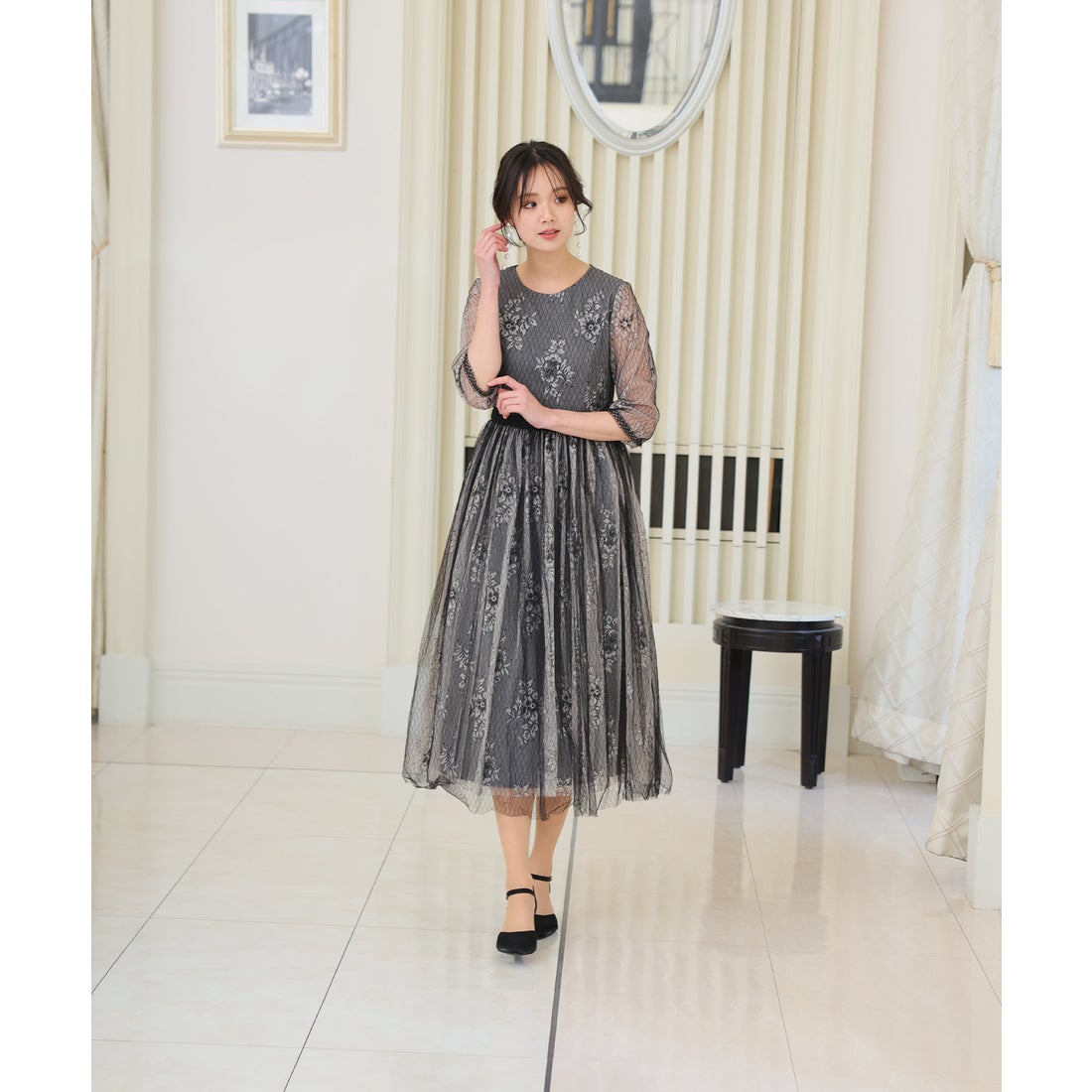 プールヴー PourVous レース＆ブラックチュールドレス ロングスカート