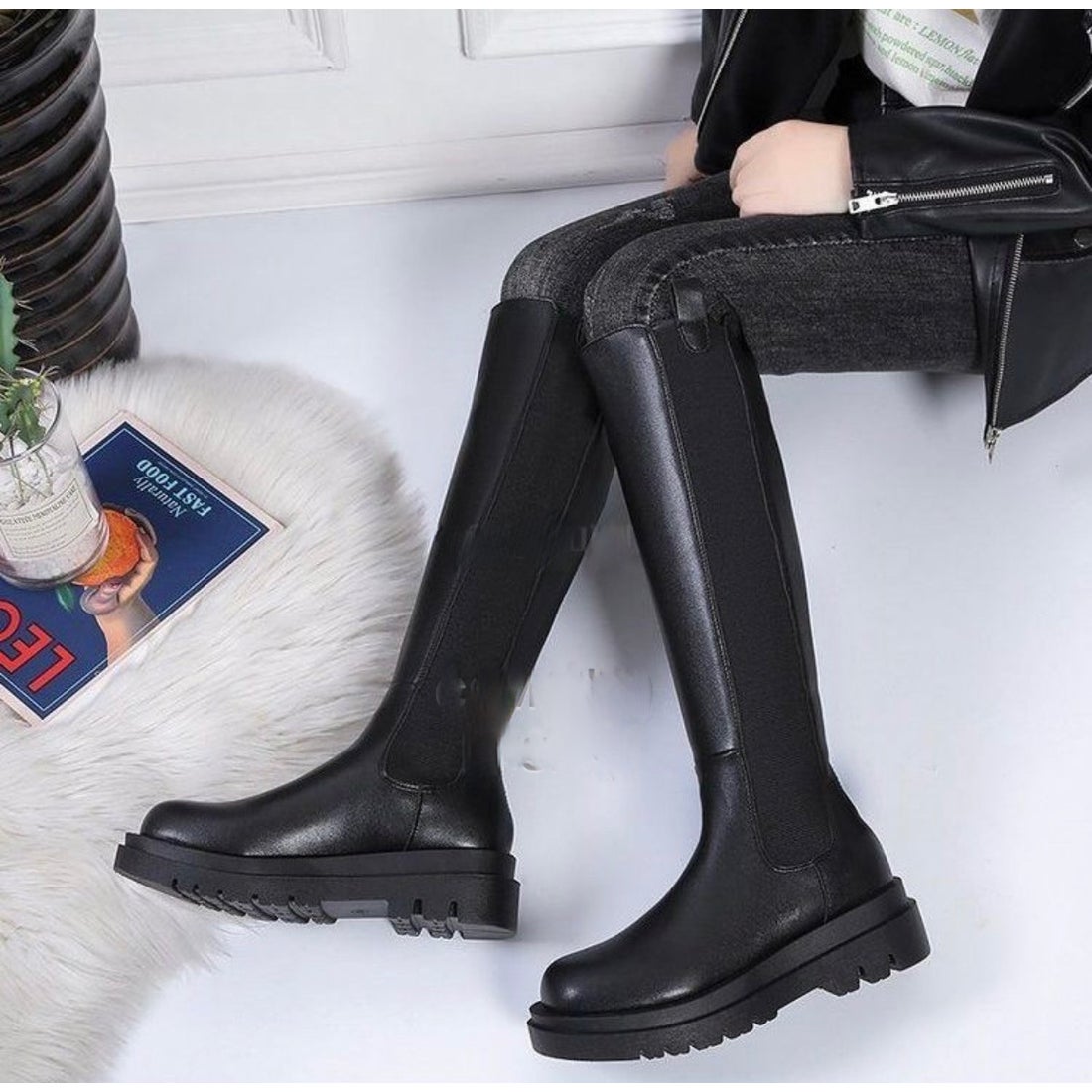 PrimuFiore サイドゴア 脚長 厚底ロングブーツ バックファスナー （BL