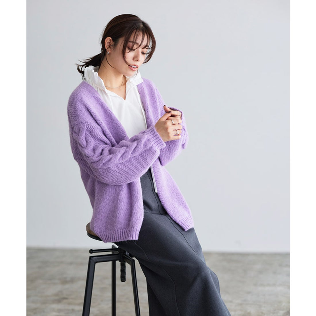 Pierrot モヘアタッチ袖ケーブルニットカーディガン （パープル