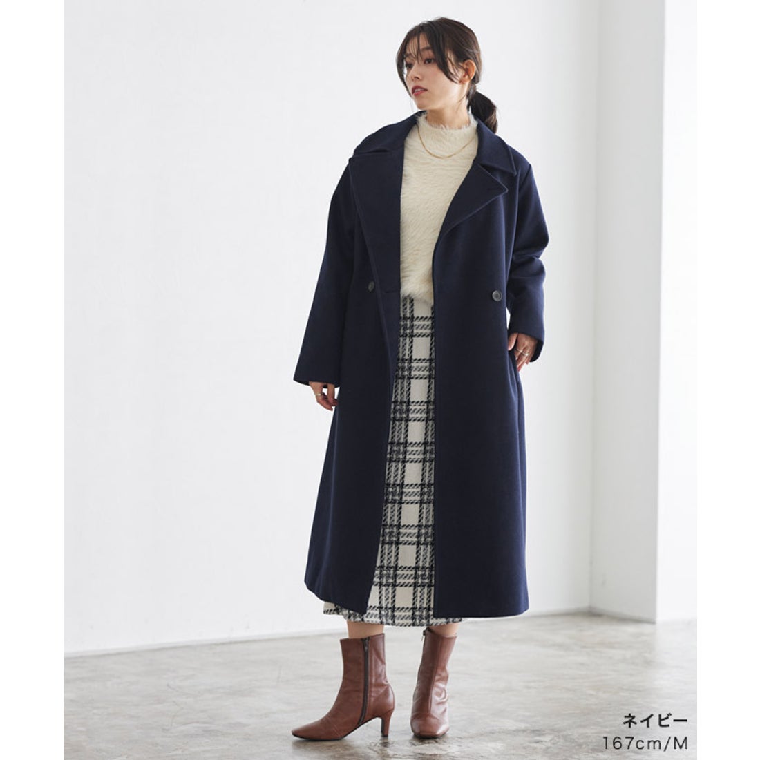 Pierrot メルトンステンカラーロングコート （ネイビー） -靴