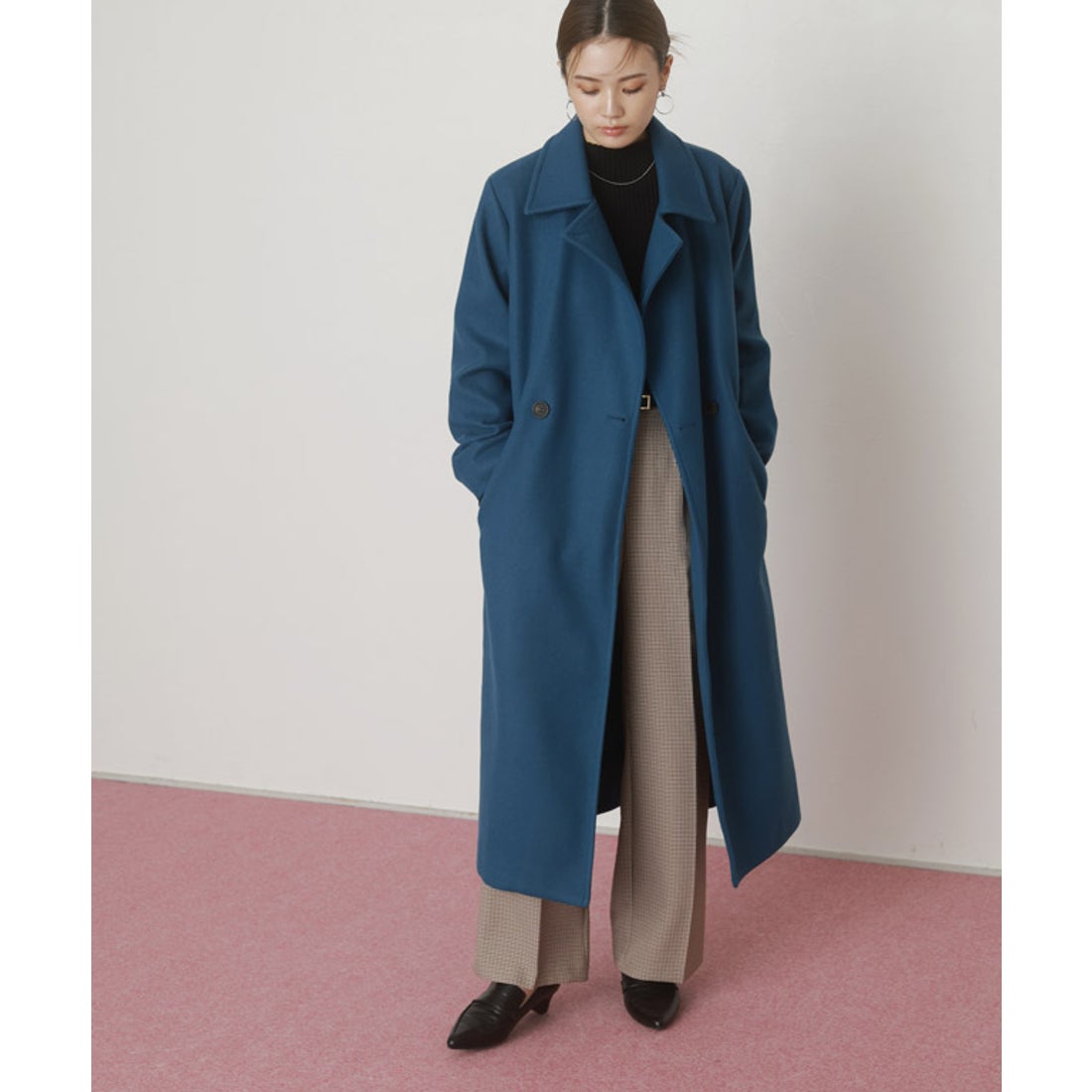 Pierrot メルトンステンカラーロングコート （ネイビー） -靴