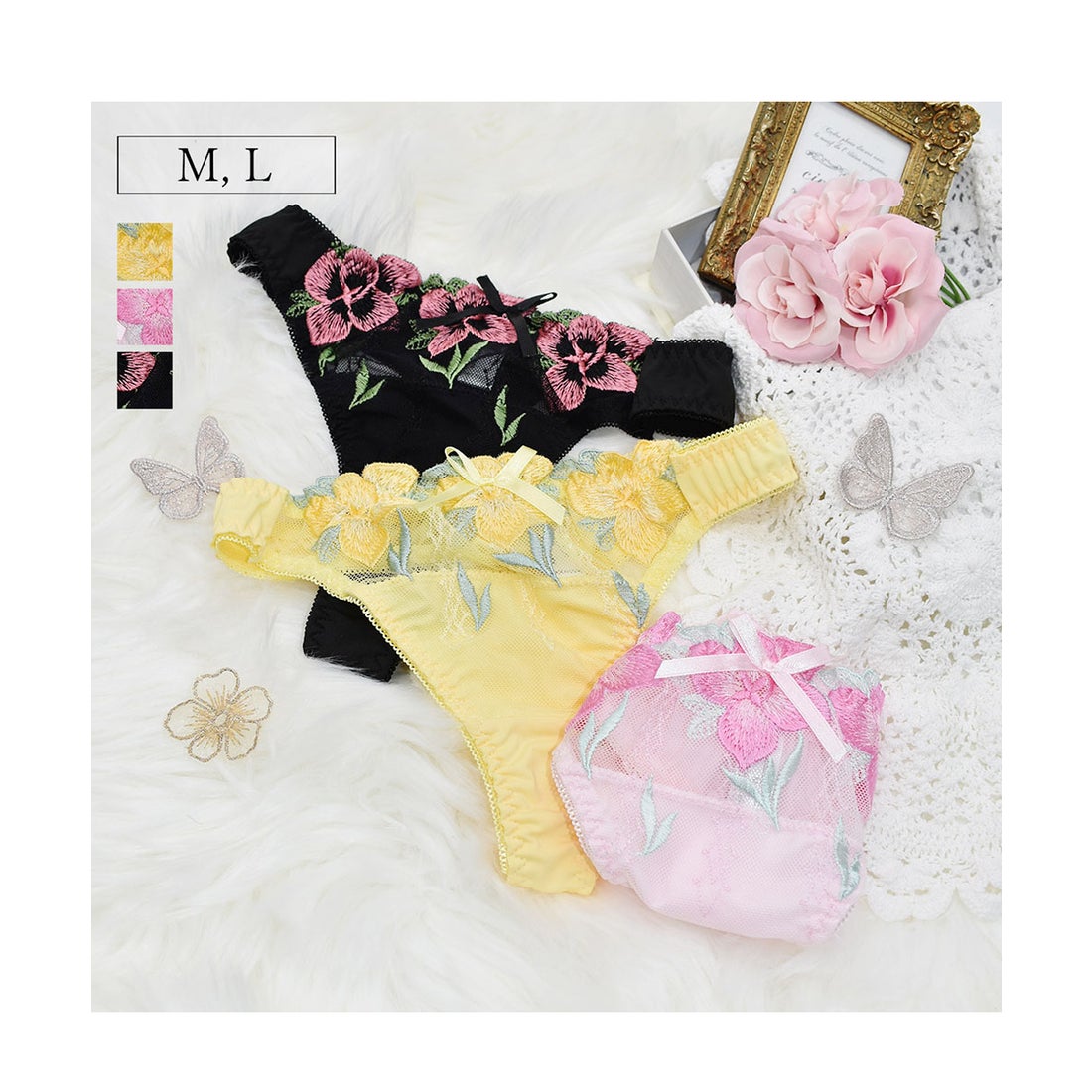 ピンクピンクピンク PINK PINK PINK 大輪花柄刺繍Tバックショーツ M L