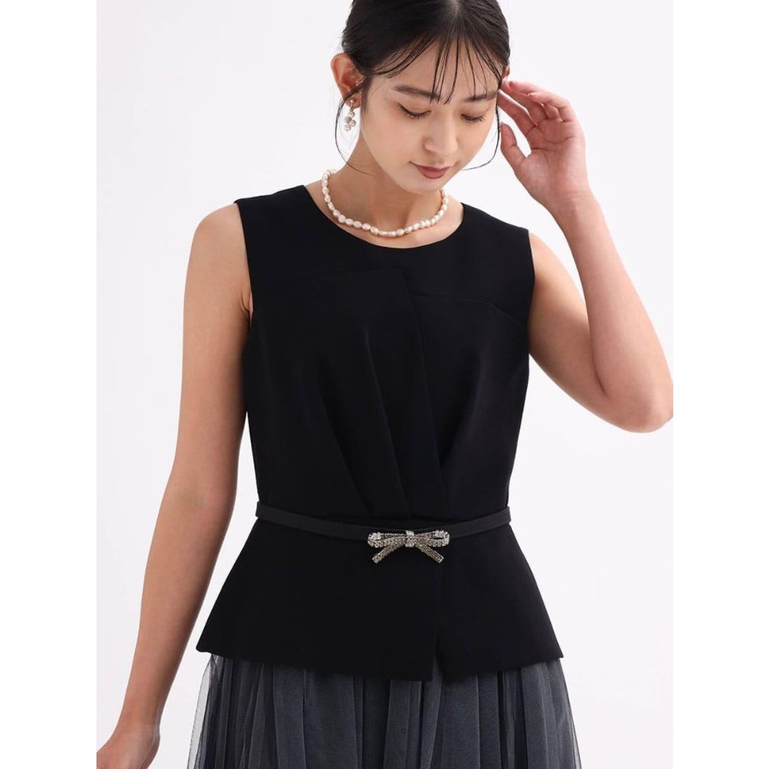 リルフェテ Rire Fete ビジューベルトチュールドレス （ブラック