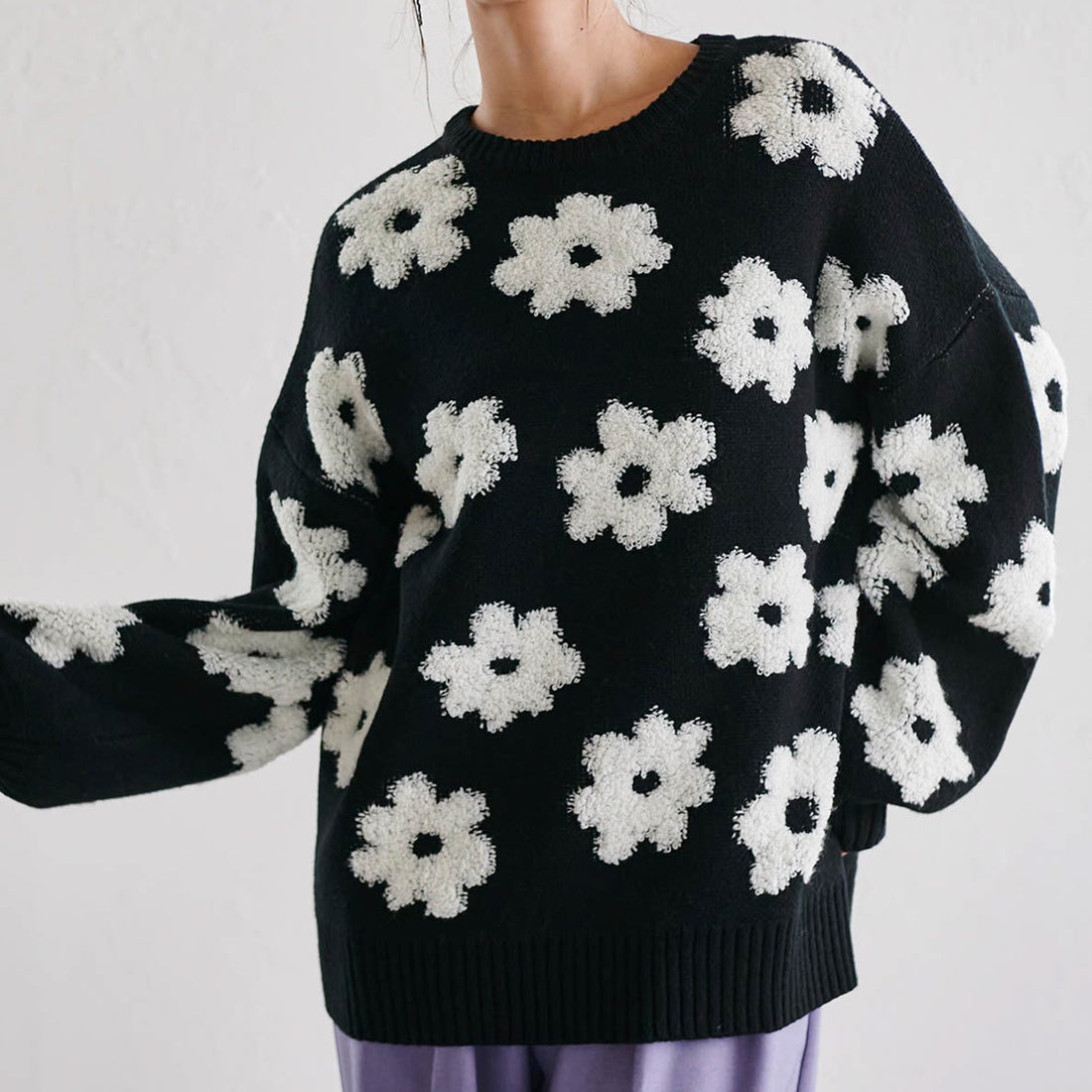 ラナン RANAN 花柄ジャカードニット （ブラック） -ファッション通販