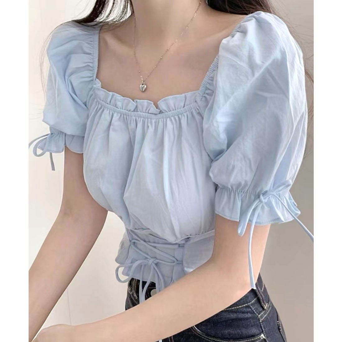 リフ Riff 袖リボンスクエアネックトップス レースアップ パフスリーブ