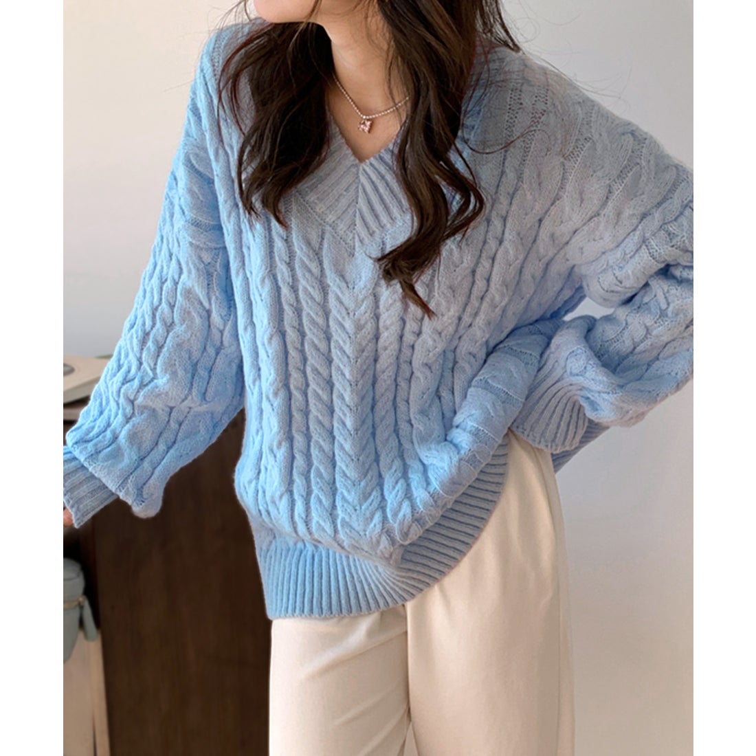 リフ Riff ケーブル編みVネックニット セーター ケーブル編みニット