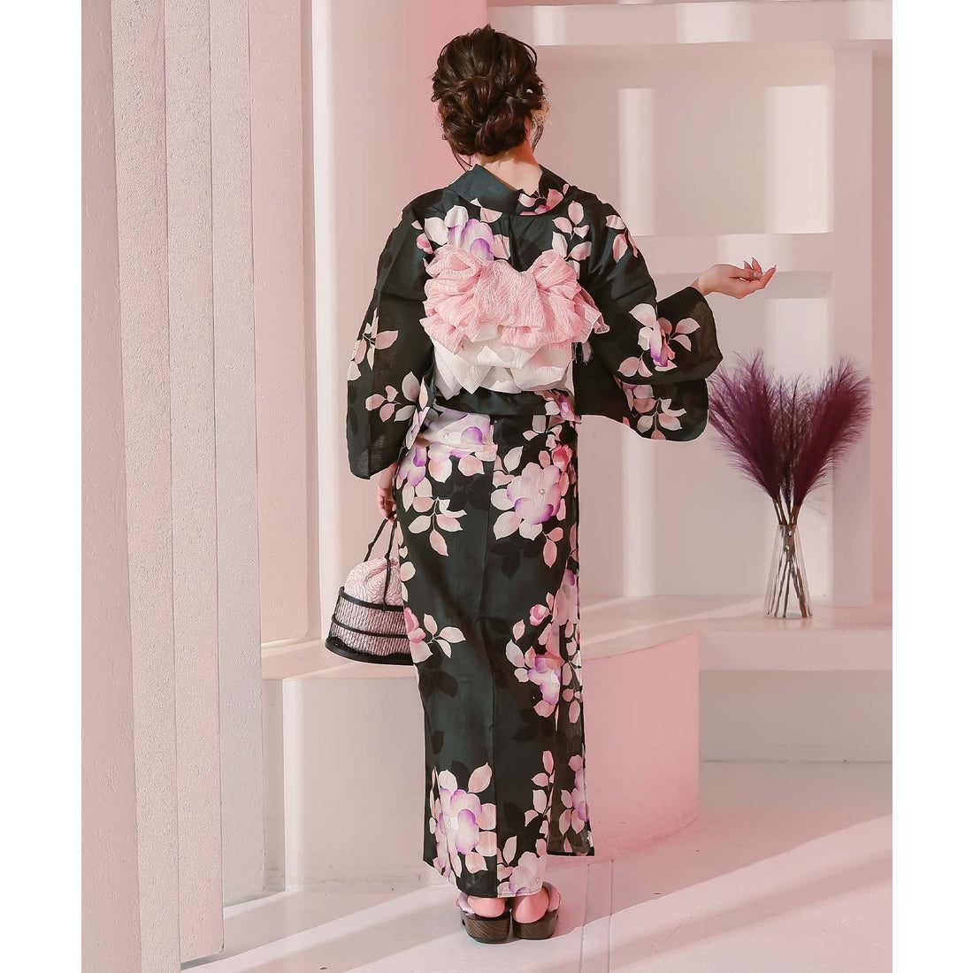 レティカ Retica 黒緑×ニュアンス椿 ゆかた3点セット (浴衣+作り帯+