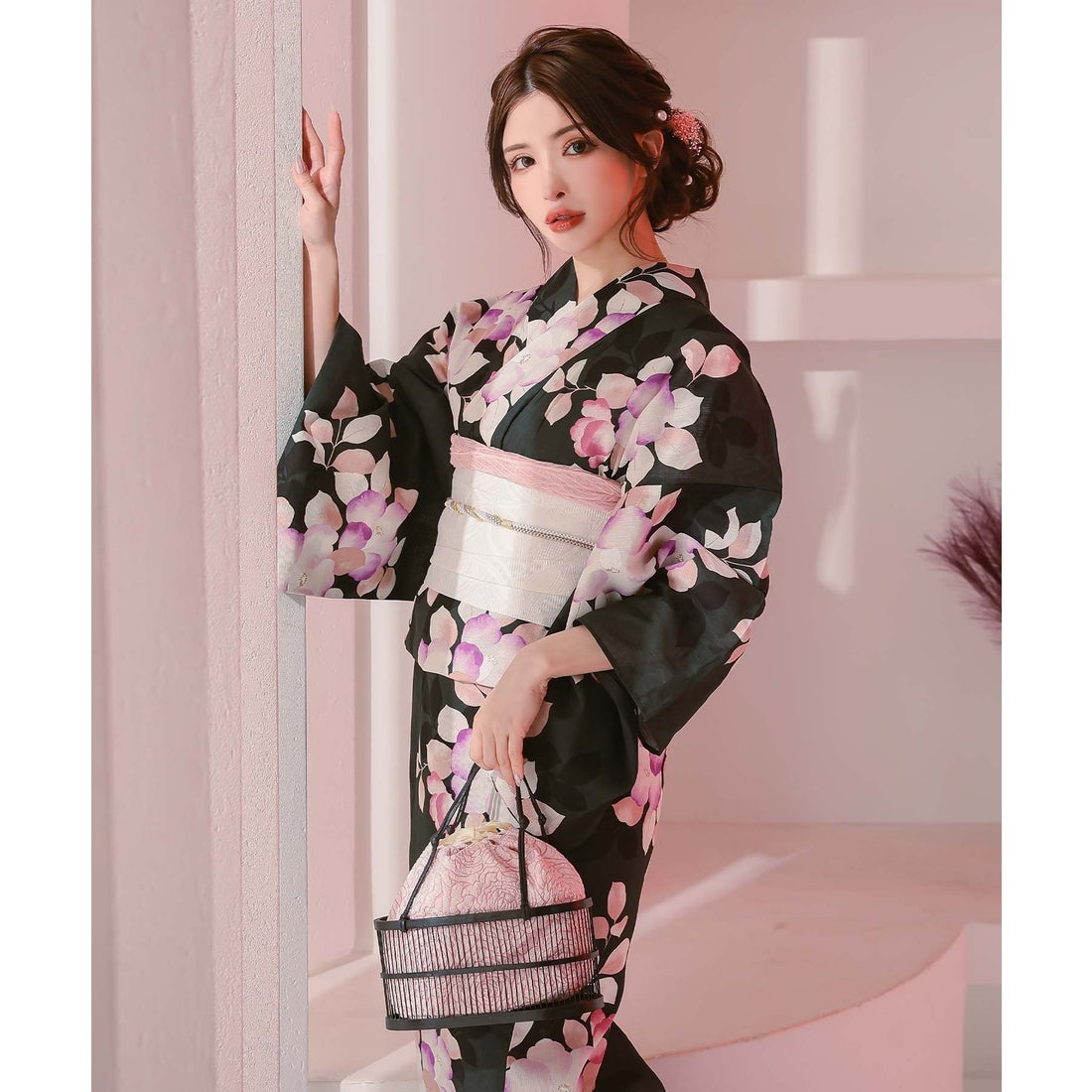 レティカ Retica 黒緑×ニュアンス椿 ゆかた3点セット (浴衣+作り帯+