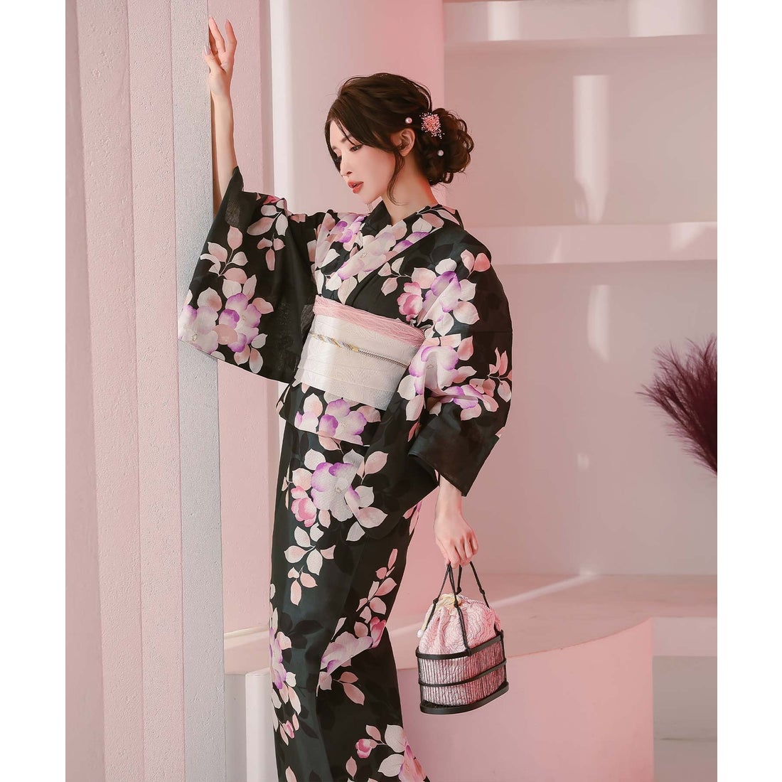 レティカ Retica 黒緑×ニュアンス椿 ゆかた3点セット (浴衣+作り帯+