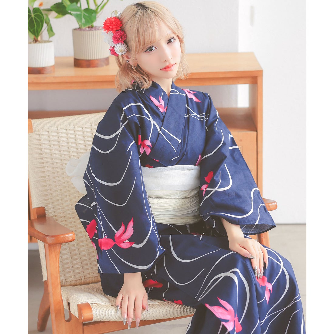 レティカ Retica 浴衣 レディース レトロ 紺地 流水金魚 ゆかた 3点