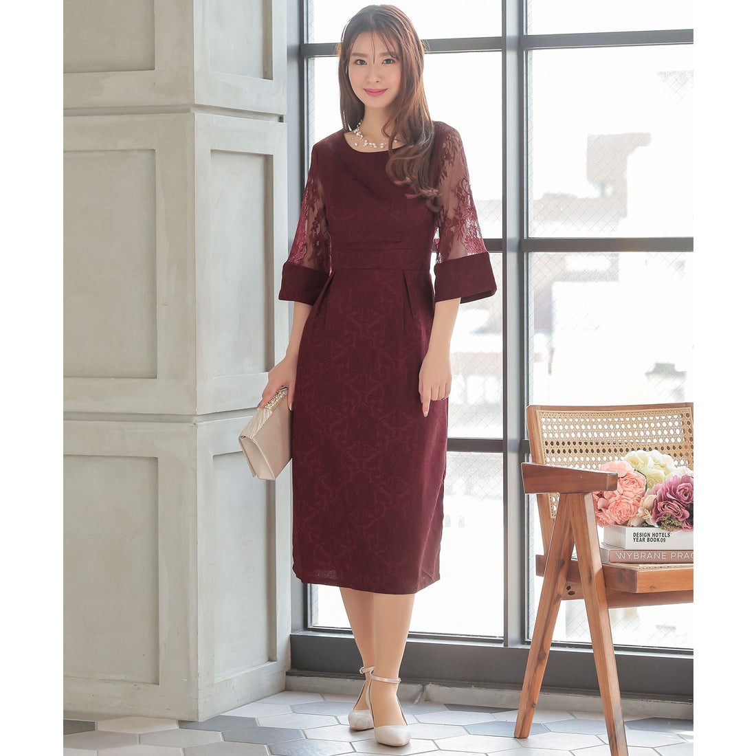 レティカ Retica パーティードレス レース切替七分袖アラベスク調