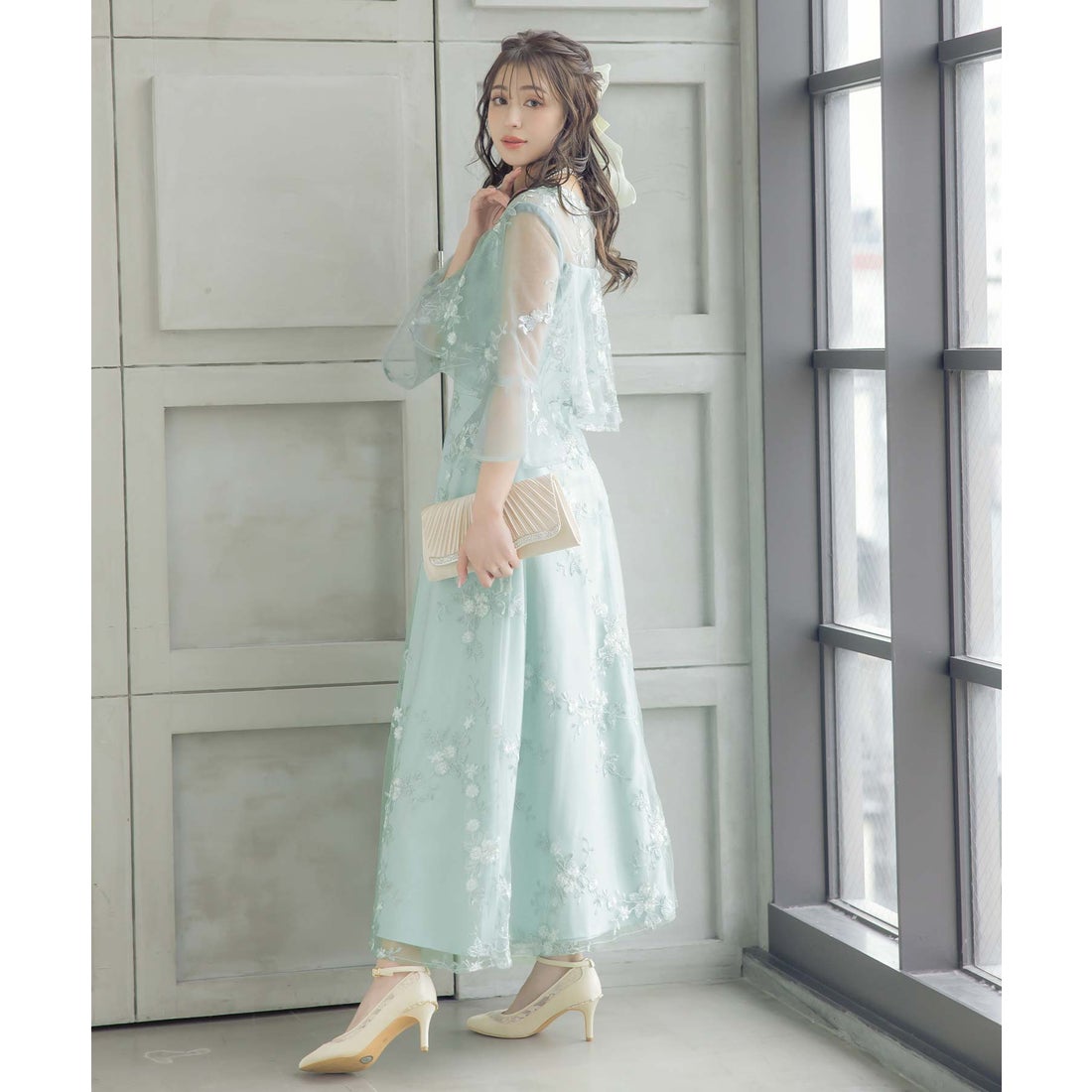 レティカ Retica パーティードレス シースルー 七分袖 花柄 刺繍