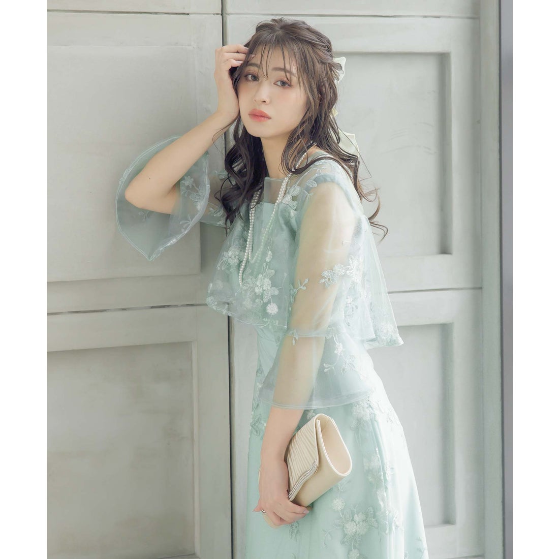 レティカ Retica パーティードレス シースルー 七分袖 花柄 刺繍