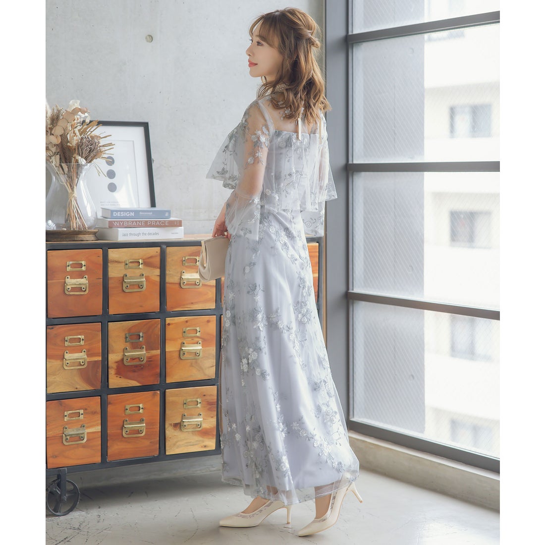 レティカ Retica パーティードレス シースルー 七分袖 花柄 刺繍