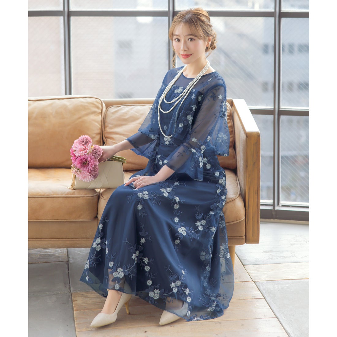 レティカ Retica パーティードレス シースルー 七分袖 花柄 刺繍