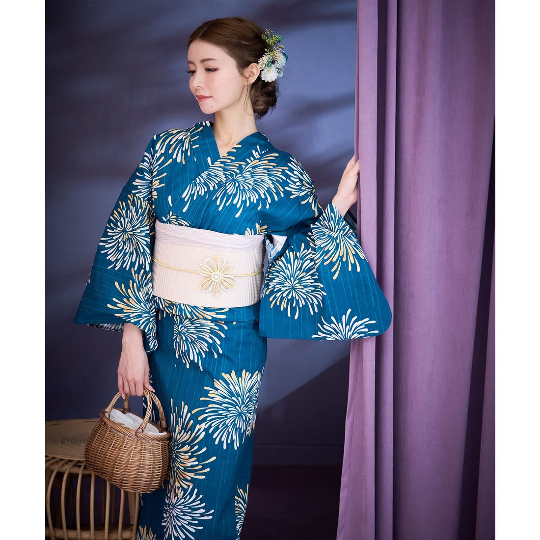 レティカ Retica 浴衣 レトロ ターコイズに大輪花火 ゆかた3点セット