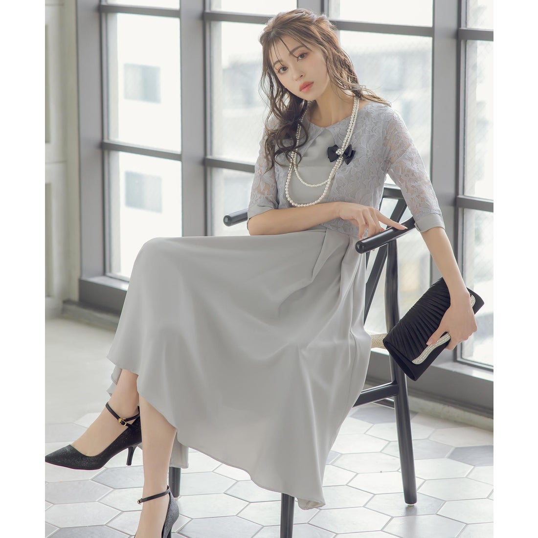 レティカ Retica パーティードレス 花柄レースケープ風 ハイウエストA