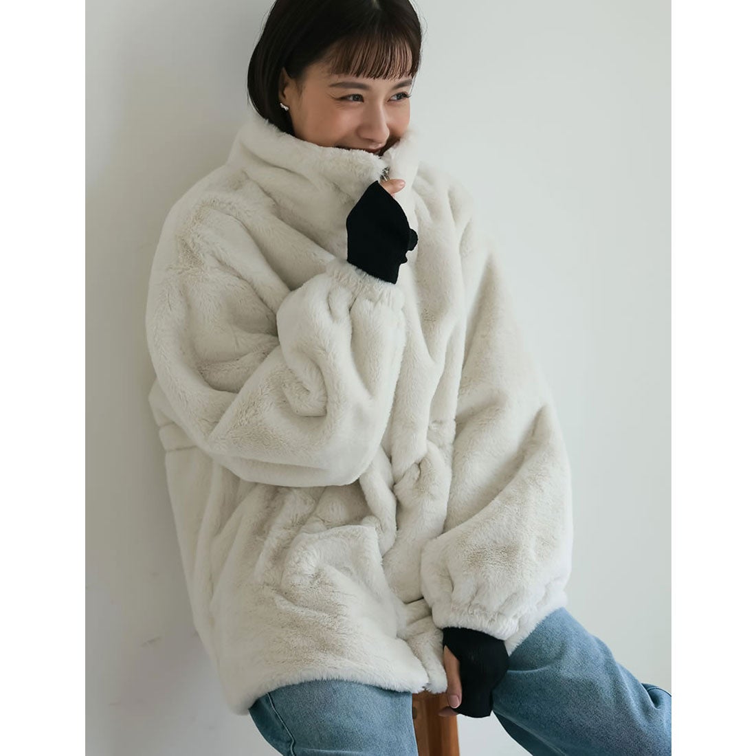 リエディ Re:EDIT ハイネックドロスト付きフェイクファージャケット