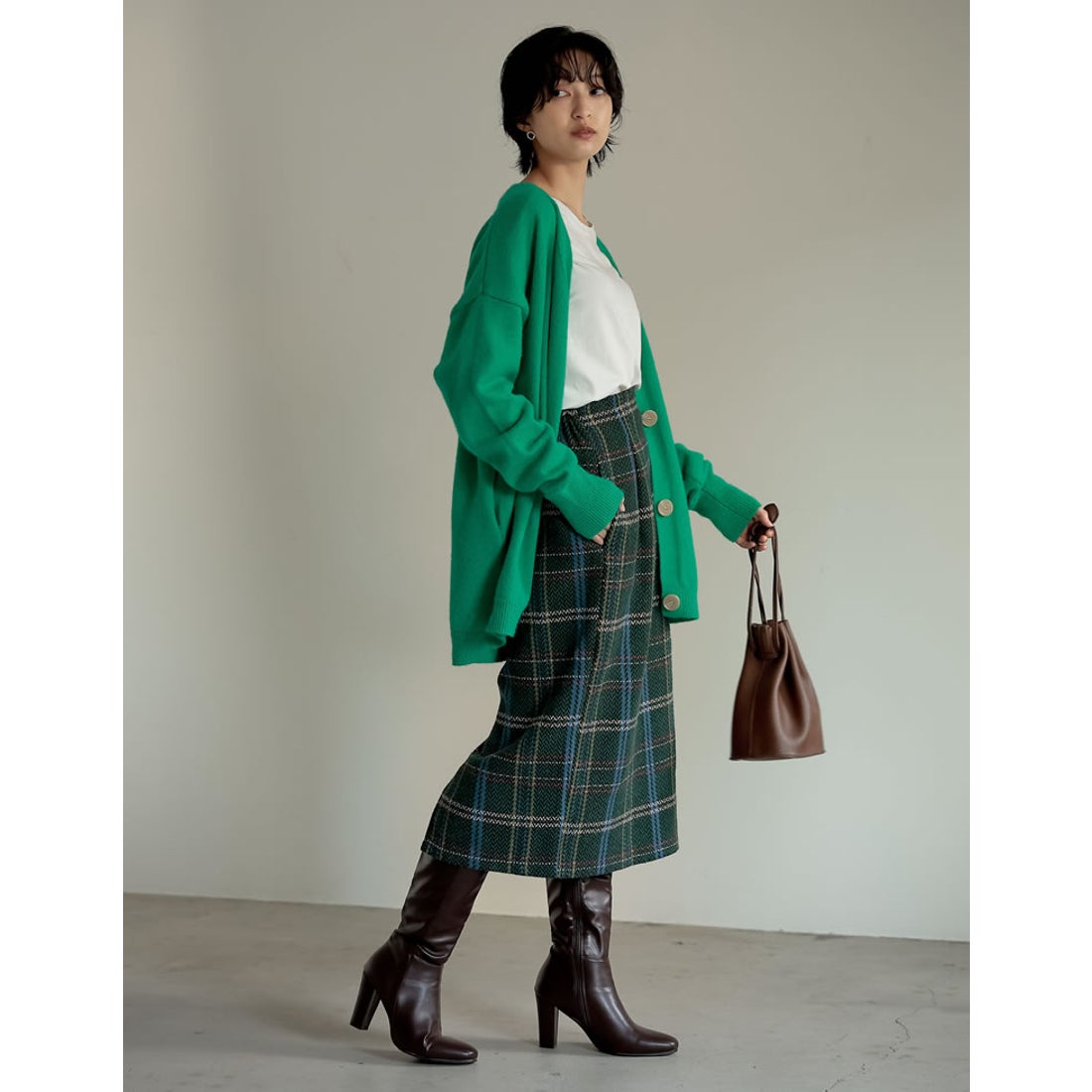 リエディ Re:EDIT ウールライクチェックタイトスカート （グリーン