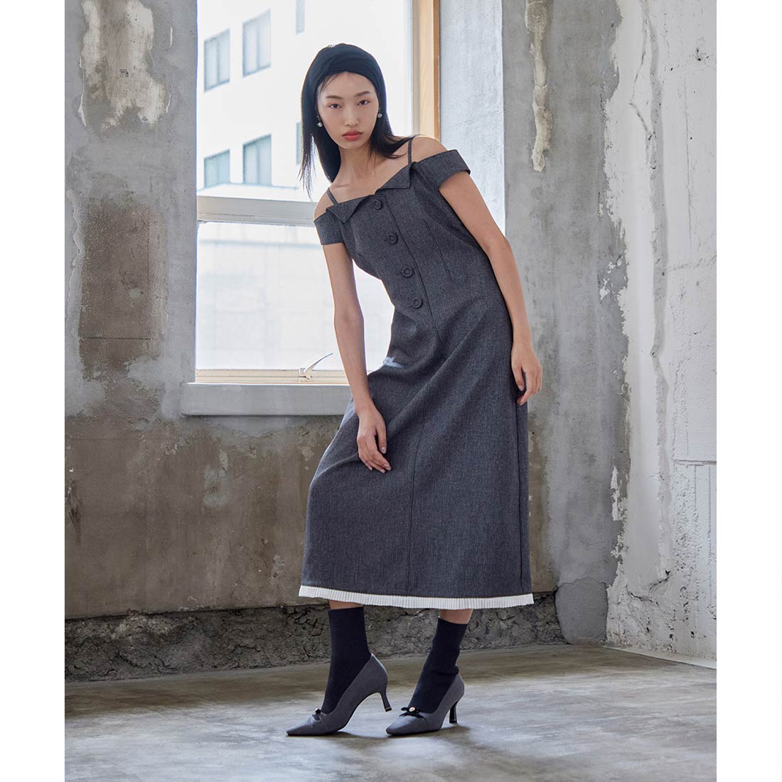 ランダ RANDAパールリボンニットドッキングブーツ （GRAY） -靴