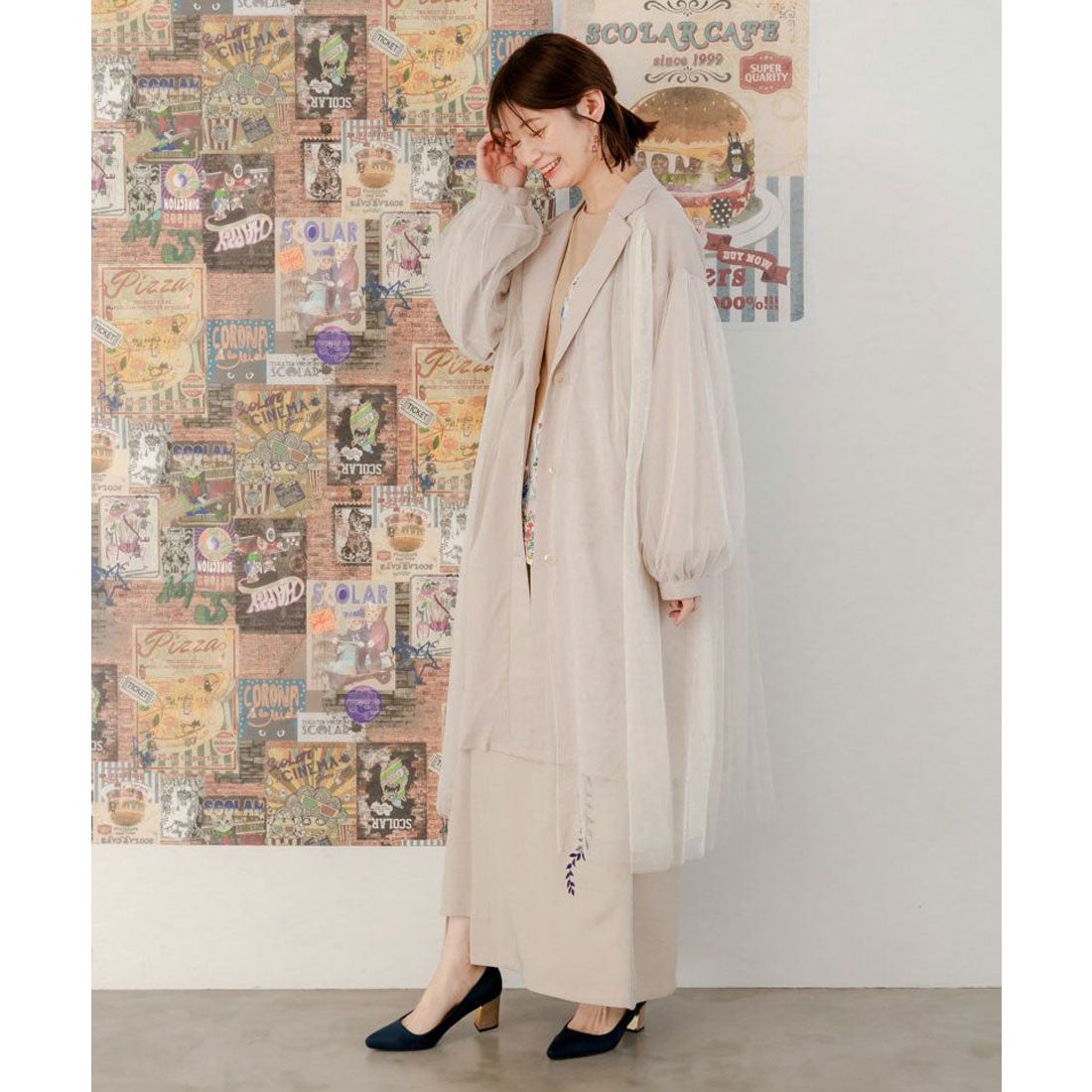 スカラー ScoLar 花蝶刺繍チュール重ね 布帛orダンガリーコート