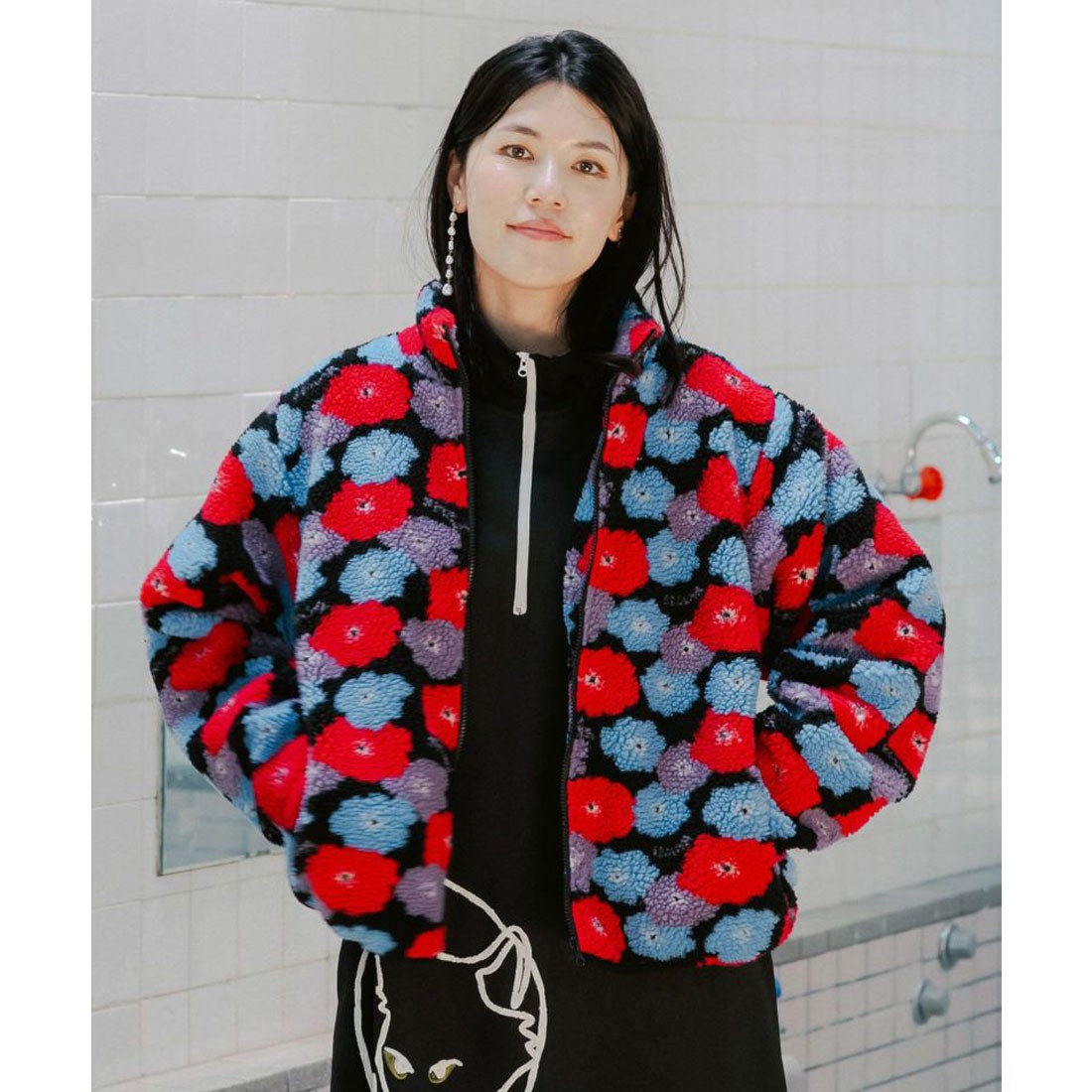 スカラー ScoLar レトロ花柄オリジナルボア ジャガードブルゾン