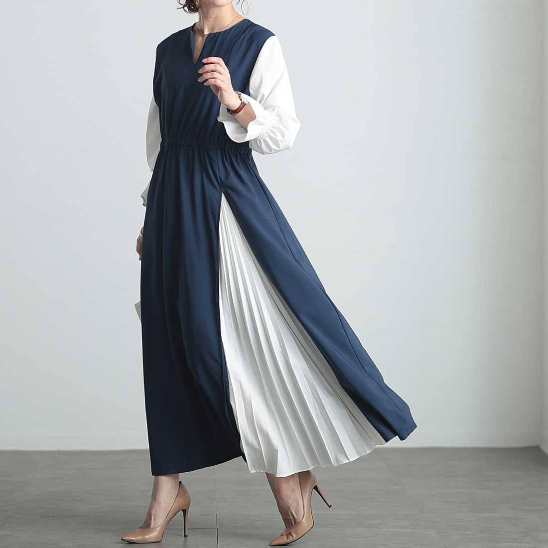 サワアラモード Sawa a la mode プリーツ切り替えロングワンピース