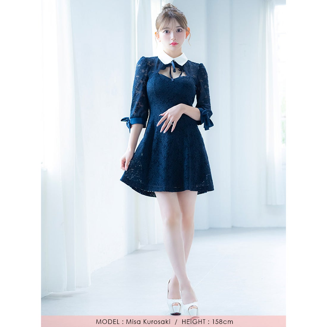 ティカ Tika 襟付きリボンガーリースタイル総レース袖ありフレアミニ