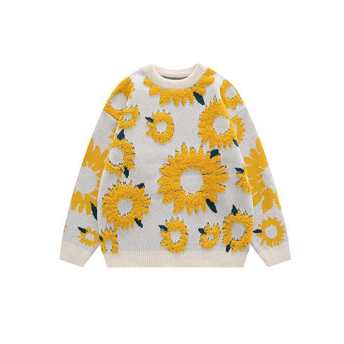 フック HOOK 【HOOK】サガラ刺繍風ひまわり総柄ニット （ホワイト
