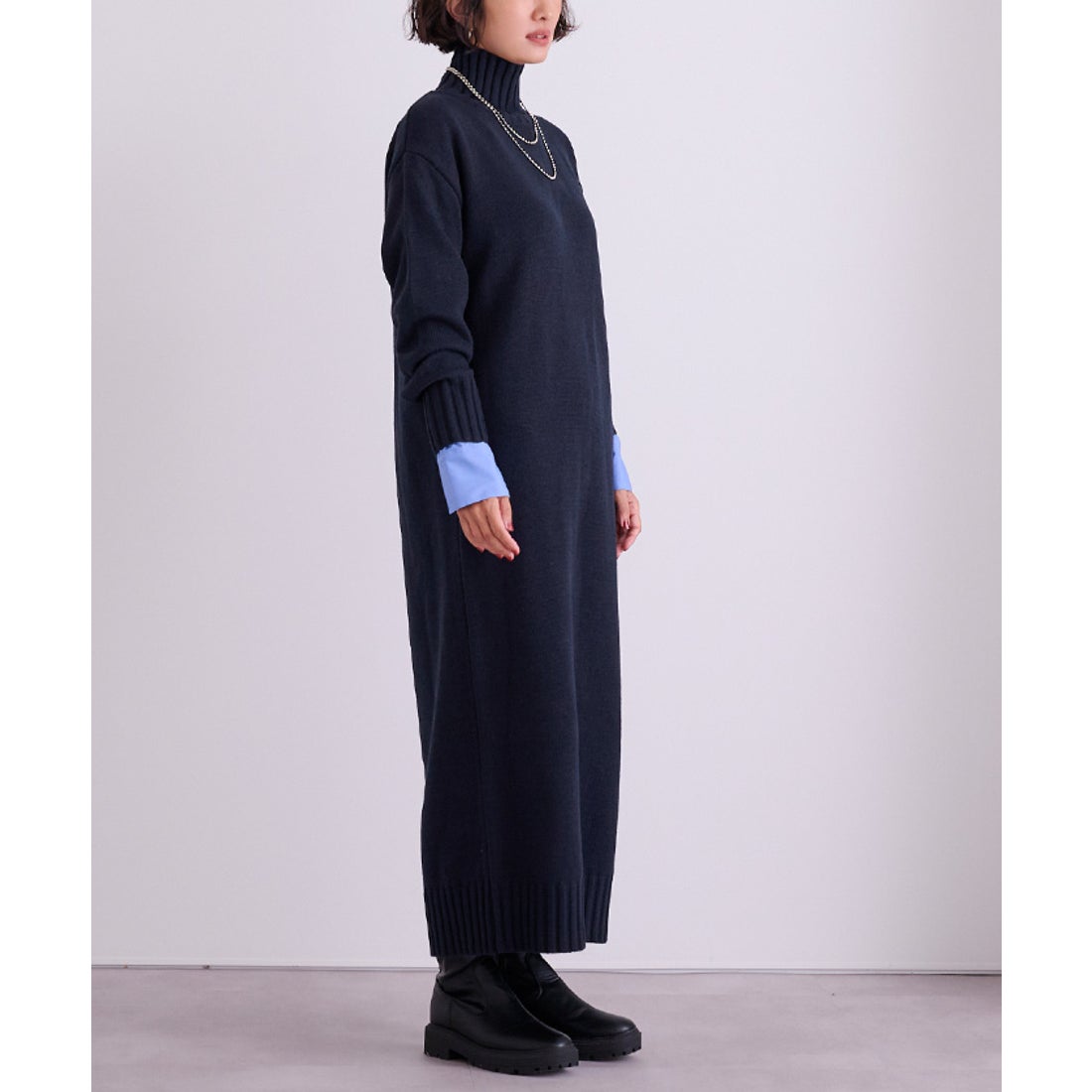 ユアーズ ur's タートルネックIラインニットワンピース （ネイビー