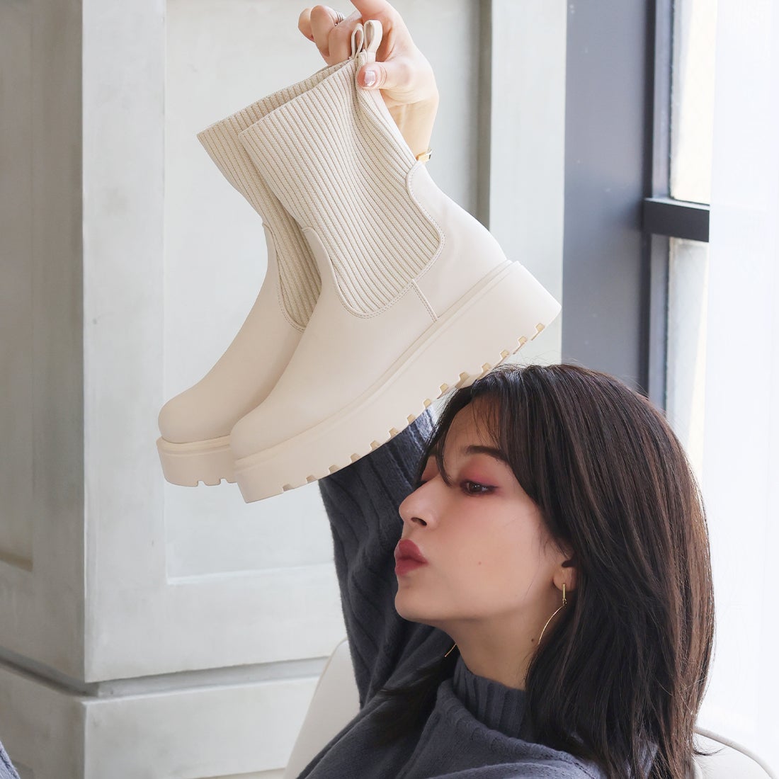 ヴィヴィアン VIVIAN 厚底ニットショートブーツ （ベージュ