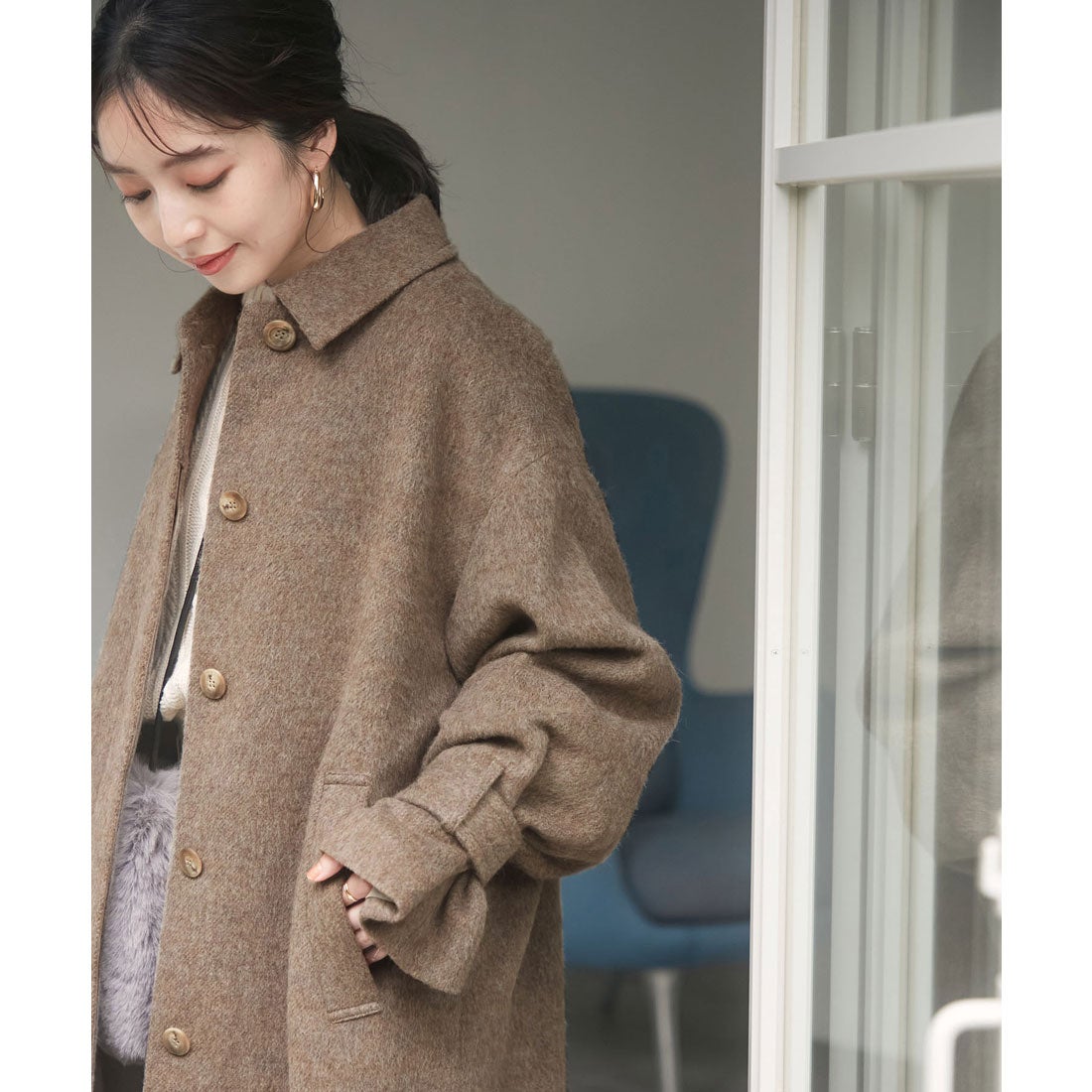 ビス VIS 軽く羽織れる、尾州シャギーステンカラーロングコート