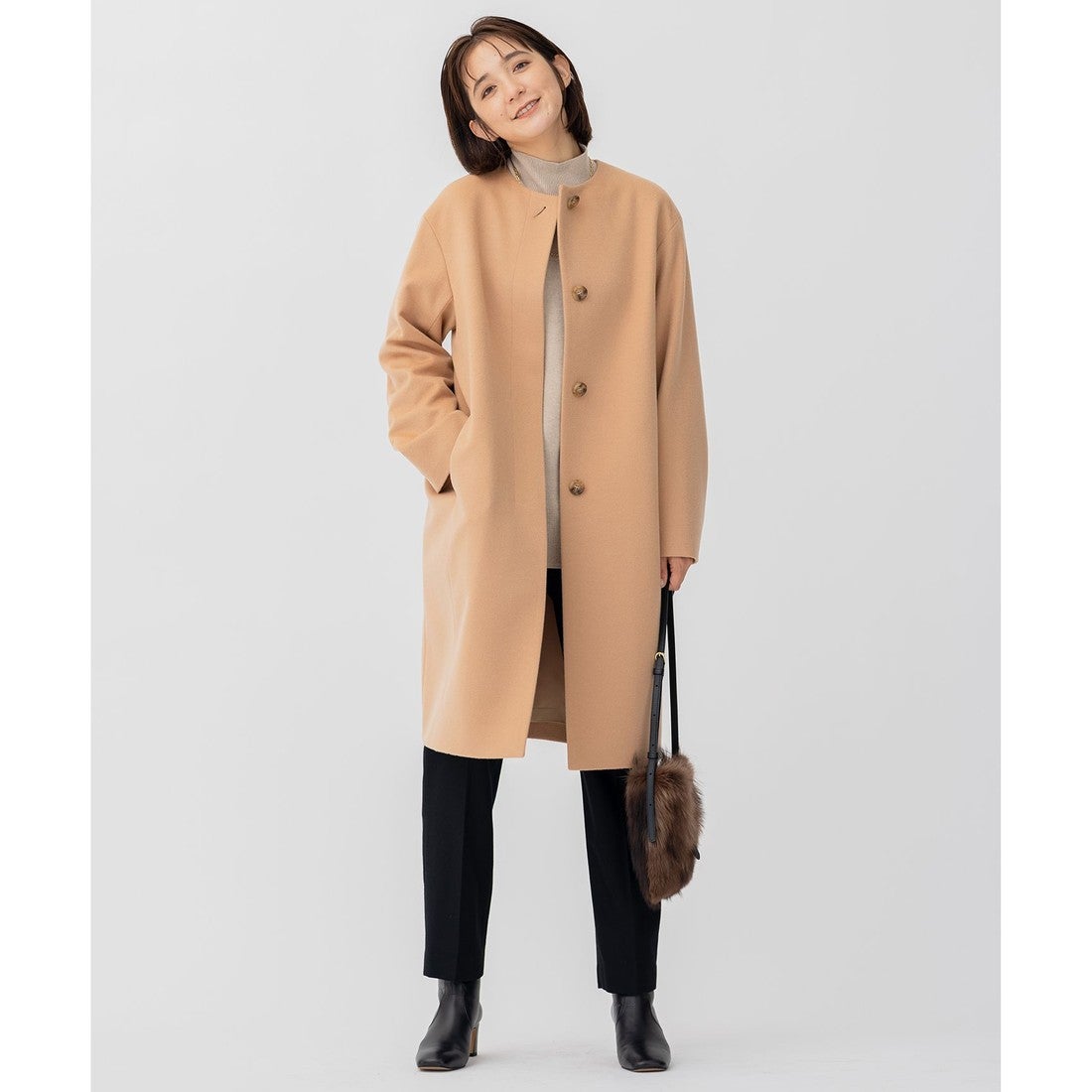 23区 ウールカシミヤビーバー ノーカラー コート （ダークグリーン系