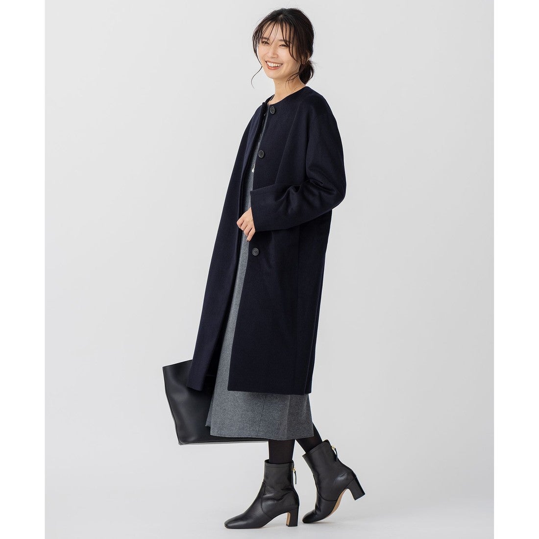 23区 ウールカシミヤビーバー ノーカラー コート （ダークグリーン系