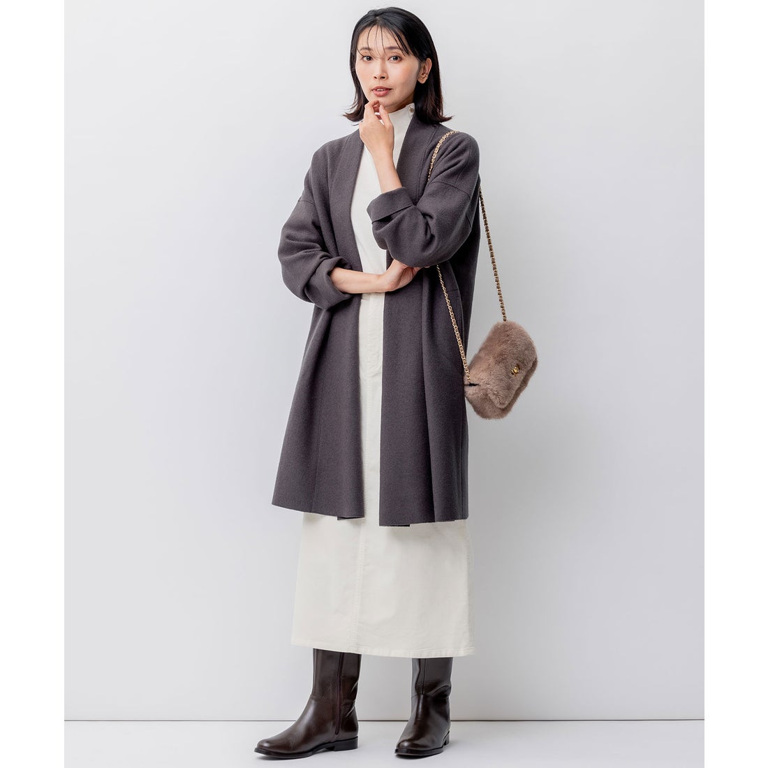 23区（大きいサイズ） コンプレストパイル コーディガン （グレー系