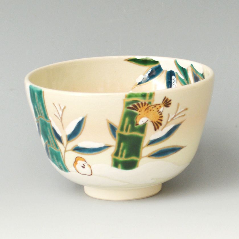 茶道具 抹茶茶碗（まっちゃちゃわん） 茶碗 色絵 雪竹に雀 加藤 永山