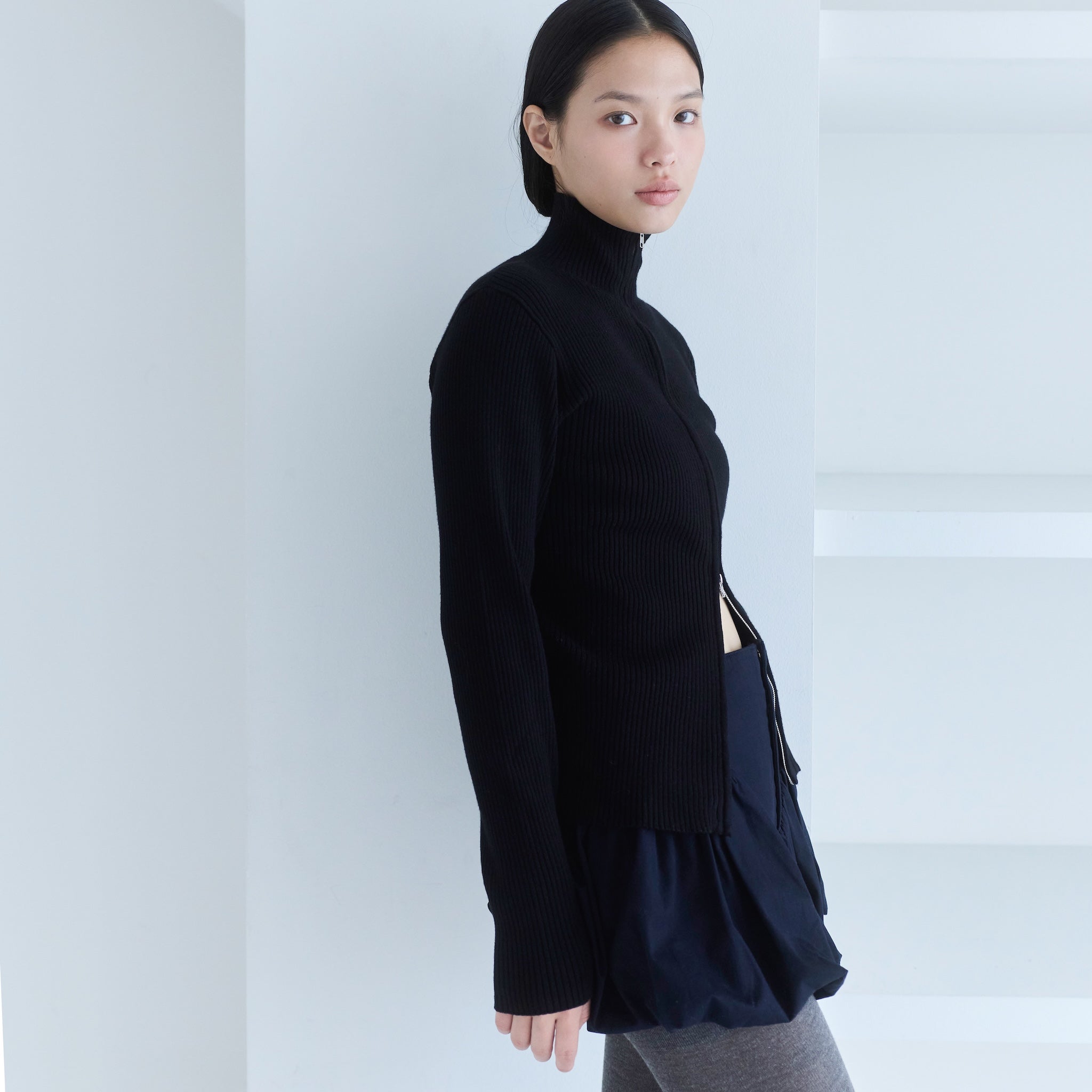 W ZipハイネックRIBニットトップス