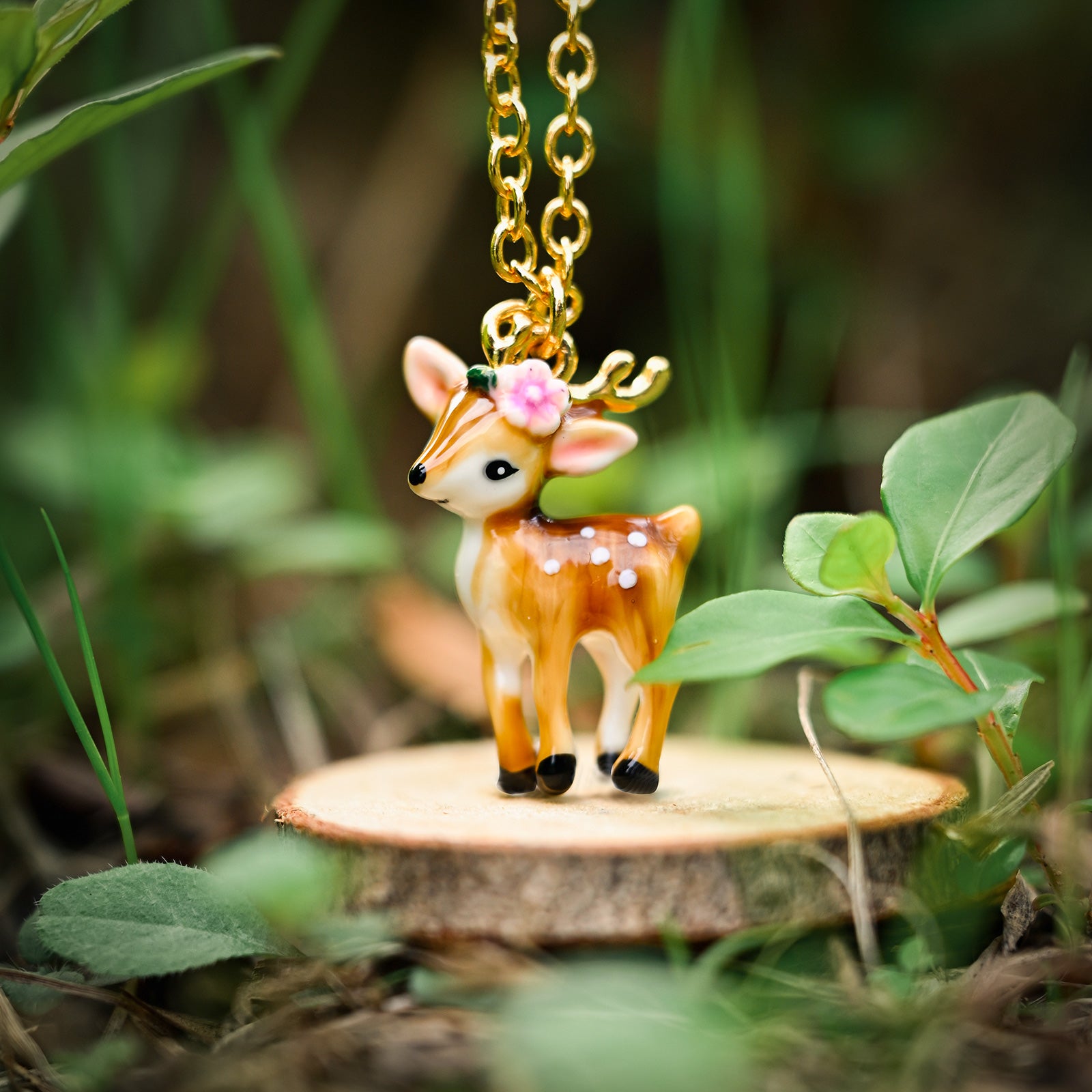 Selenichast Enamel Deer 18K Gold On Brass Pendant Necklace Animal