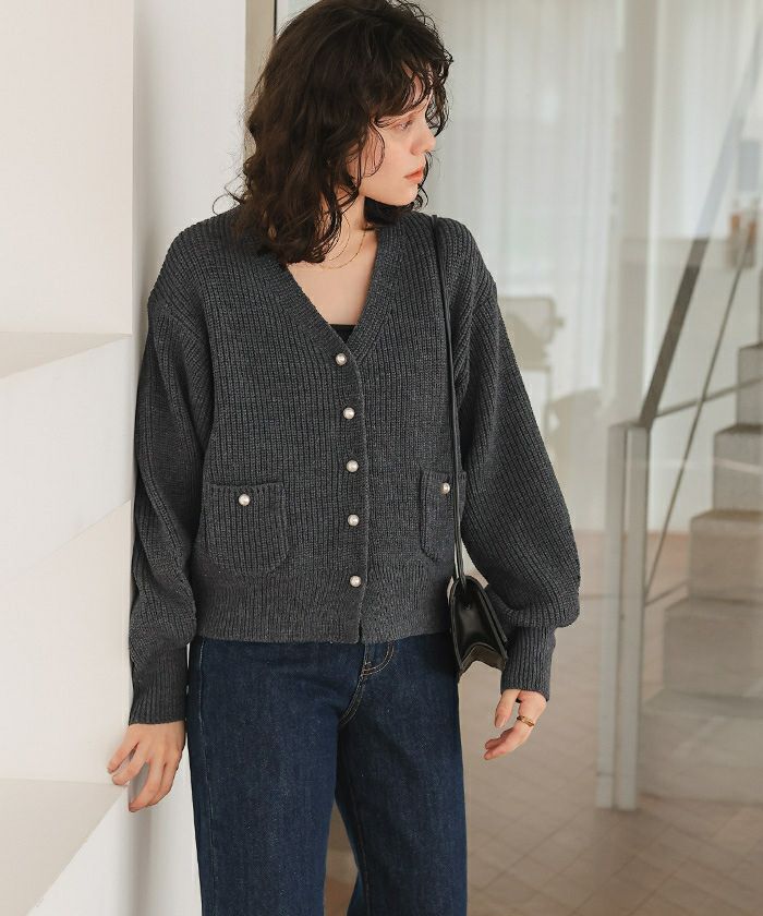 ポケット付きパールボタンニットカーディガン | titivate