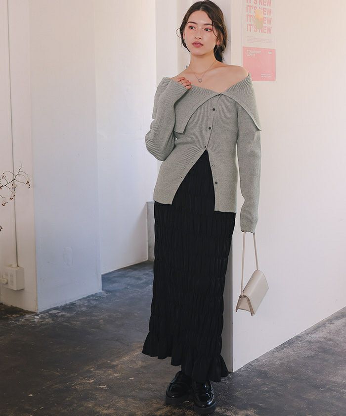 アシンメトリーオフショルダーニットトップス | titivate