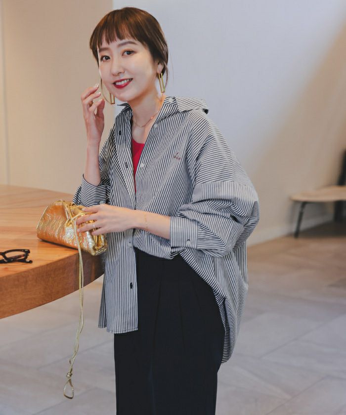 デザイン刺繍入りストライプオーバーシャツ | titivate