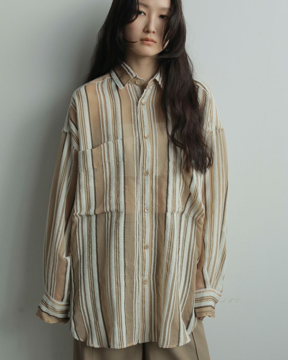 ànuke - Sheer Stripe Shirts (Beige) / シアーストライプシャツ