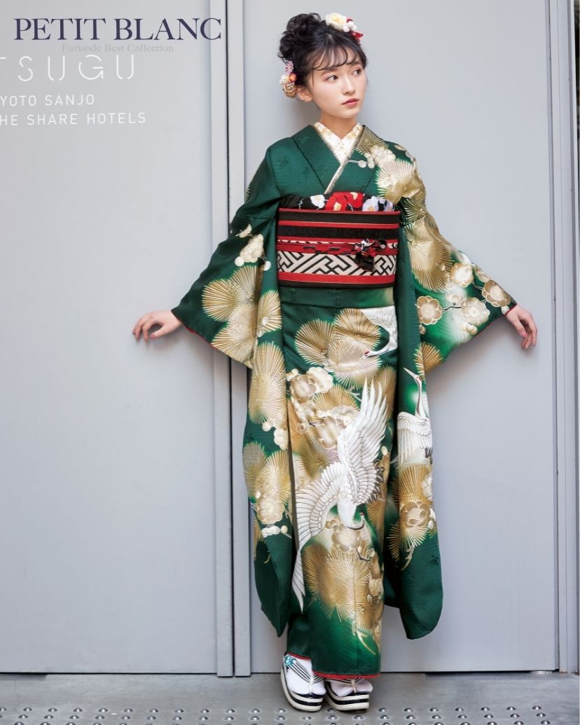 プチブラン 古典振袖（緑／鶴柄に金彩）23025 ｜おりえん