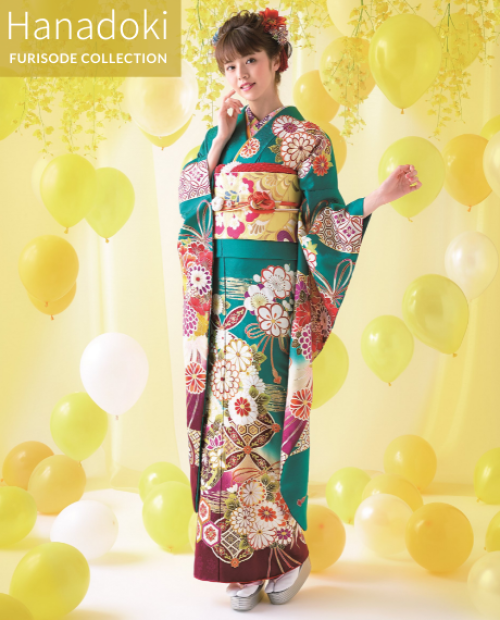 レトロ振袖（菊に七宝ぼかし／青緑）20052 ｜おりえん