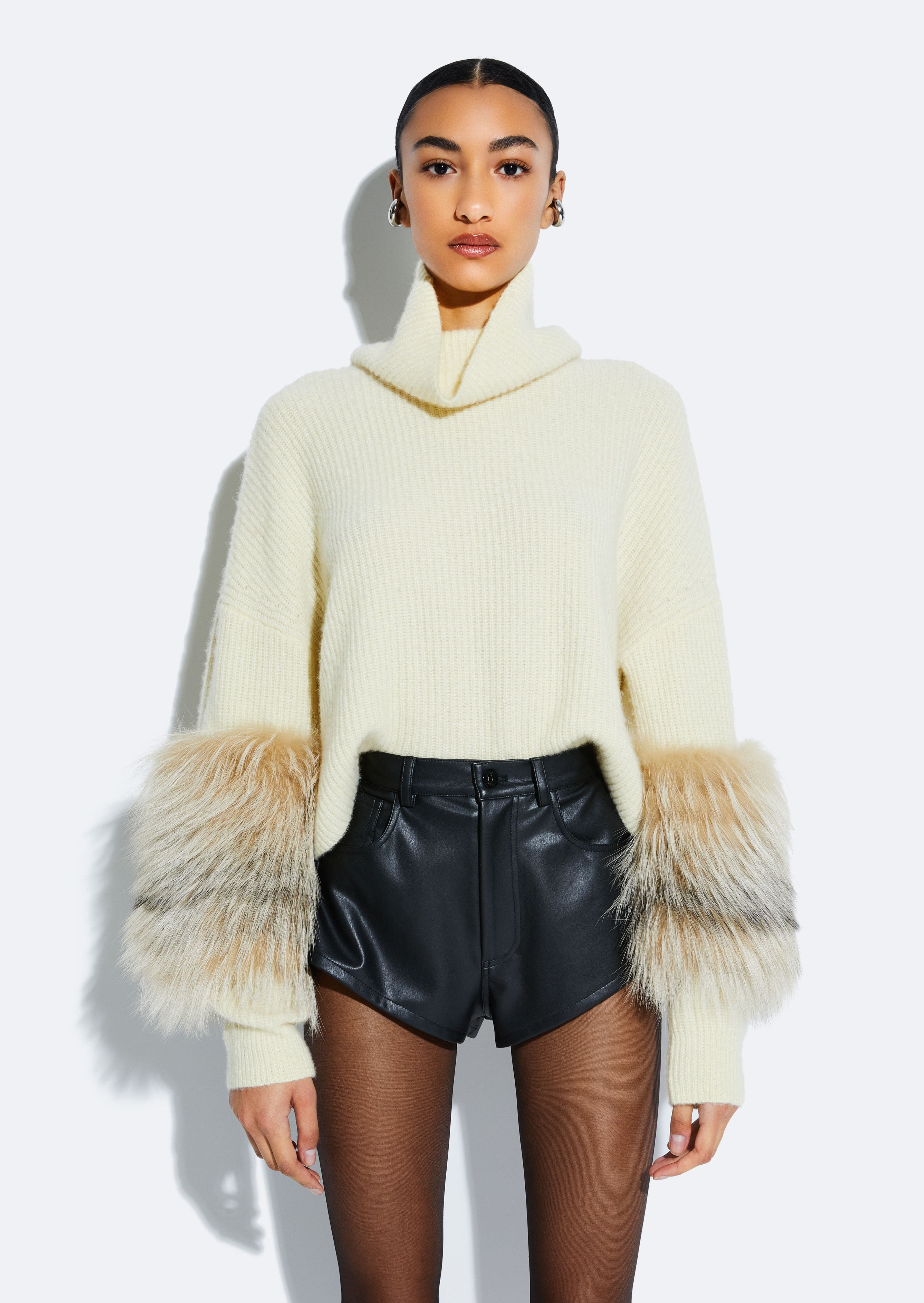 Cashmere Turtleneck Sweater With Fur in Butter Ivory | LAPOINTE
