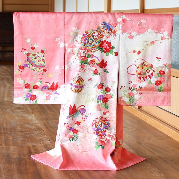 初着 お宮参り 正絹 女の子 産着 鞠に鴛鴦 おしどり ピンク 一つ身 金