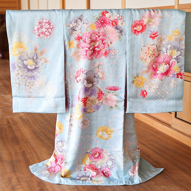 正絹] お宮参り 女の子 初着 産着 牡丹に花寄せ七宝 水色 ブルー 花柄