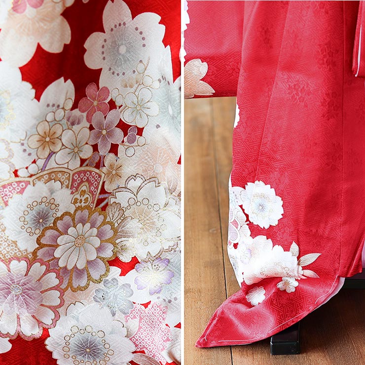 正絹] お宮参り 女の子 初着 産着 花尽くし鞠と檜扇 赤色 レッド 花柄