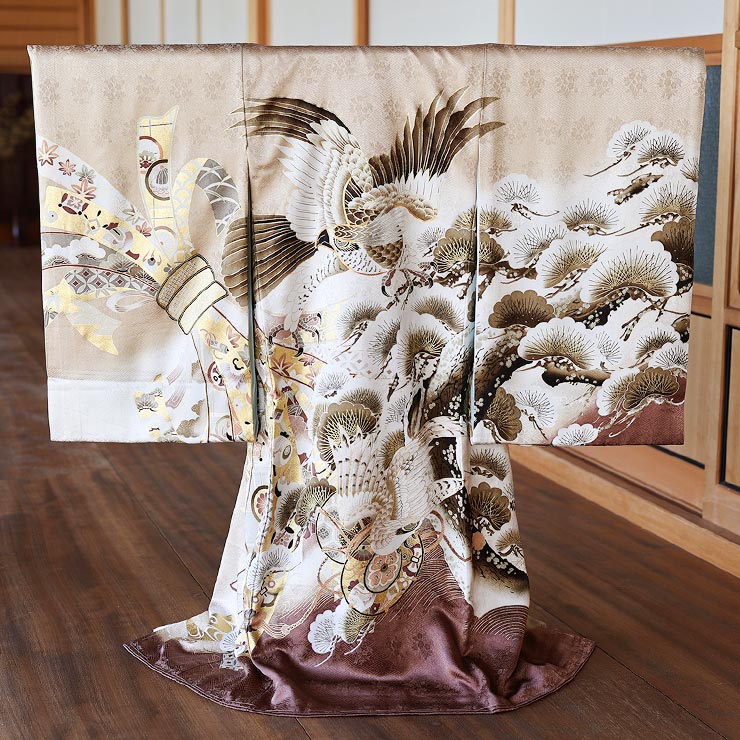 正絹 ] お宮参り 男の子 初着 産着 鷹に松と束ね熨斗 薄茶色 ベージュ