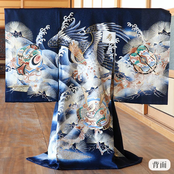 1番人気！]お宮参り 男の子 初着 産着 鷹に兜 紺色 正絹 一つ身 鷹 松